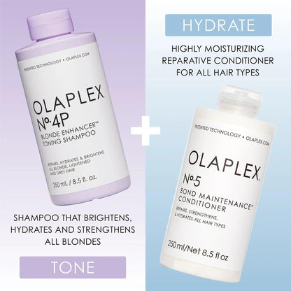 Olaplex Nº.4 blonde shampoo and Nº.5 conditioner for brightening, hydrating, and strengthening all blonde hair types.