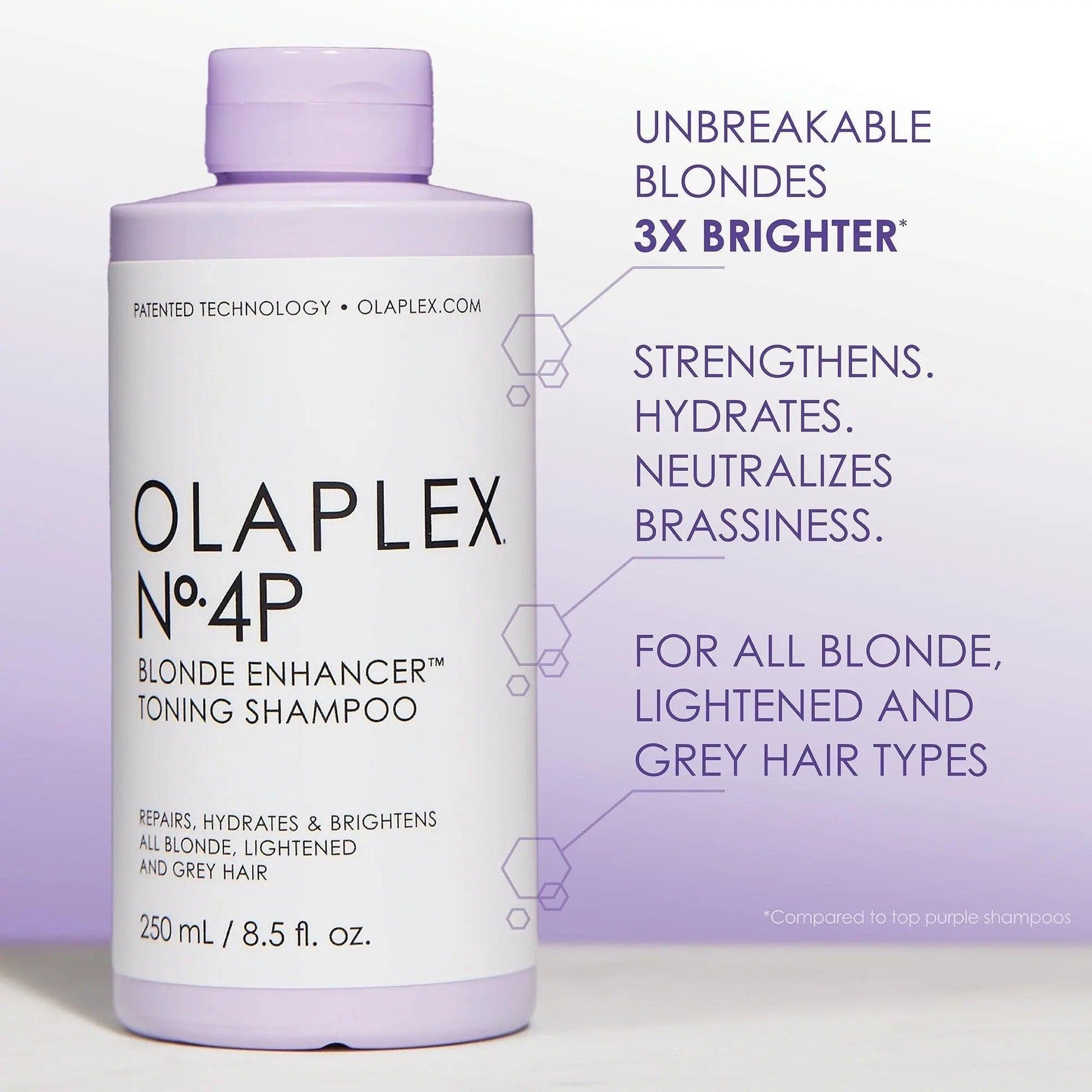 OLAPLEX No.4P blonde enhancer toning shampoo for strong, hydrated, and brassiness-free blonde and grey hair.