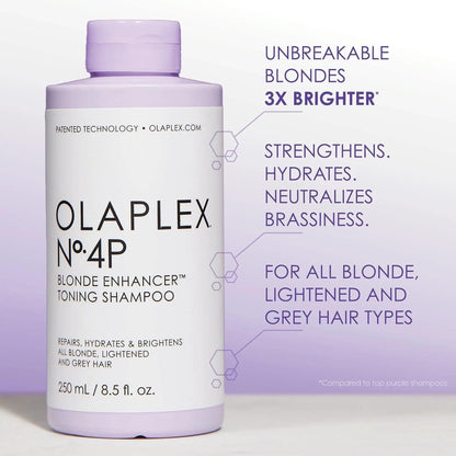 OLAPLEX No.4P blonde enhancer toning shampoo for strong, hydrated, and brassiness-free blonde and grey hair.