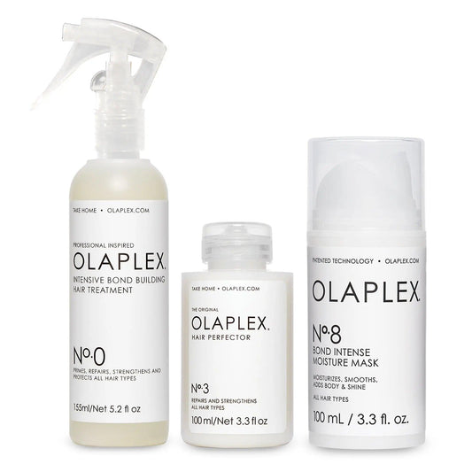 The Bond Treatment System by Olaplex featuring Nº.0, Nº.3, and Nº.8 for intense hair repair and moisture.