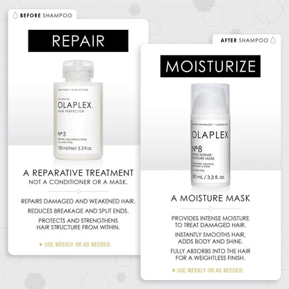 Olaplex hair treatment products displaying repair and moisture benefits for healthy, nourished hair.