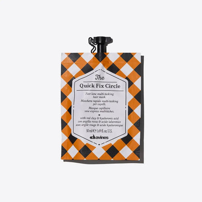 Davines The Quick Fix Circle multi-tasking hair mask packet, regenerating formula for soft, silky hair in just 3 minutes.