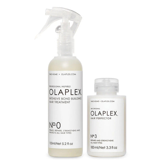 The Ultimate Repair Kit featuring OLAPLEX No.0 Intensive Bond Building and No.3 Hair Perfector for healthy hair.