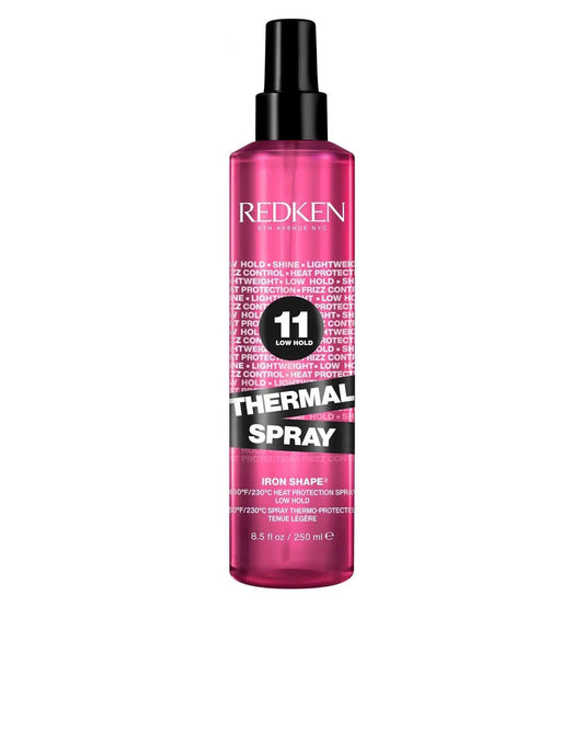 Redken Thermal Spray 11 Low Hold in a pink bottle for heat protection and flexible styling for all hair types.