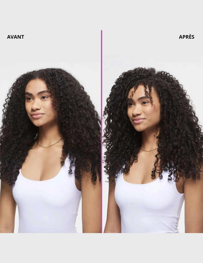 Before and after transformation of model with curly hair, showcasing enhanced style and volume.