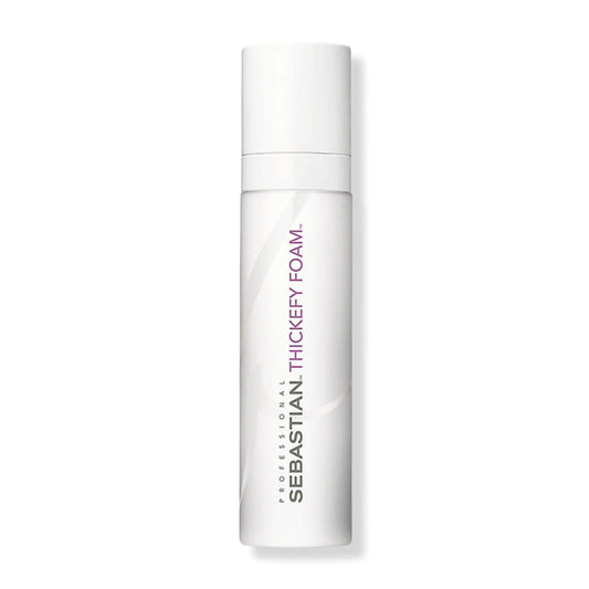 Sebastian Thickefy Foam bottle for volumizing fine hair, providing light hold and heat protection in a liquid-to-foam formula.