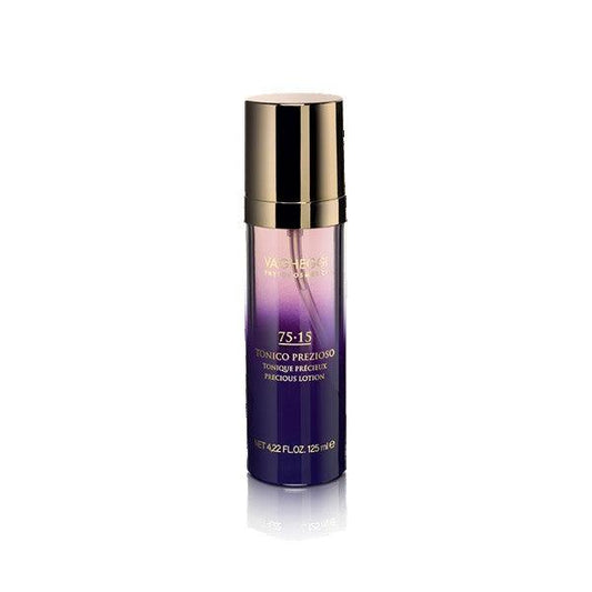 75-15 Precious Lotion with blueberry water, amethyst, and hyaluronic acid in a sleek bottle, promoting fresh skin and hydration.