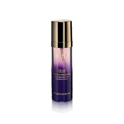 75-15 Precious Lotion with blueberry water, amethyst, and hyaluronic acid in a sleek bottle, promoting fresh skin and hydration.