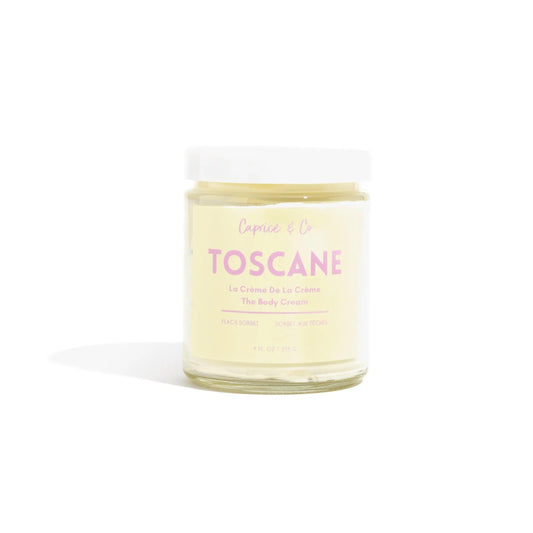 Toscane body cream in glass jar, peach sorbet scent, moisturizing with natural ingredients, 9 fl oz.