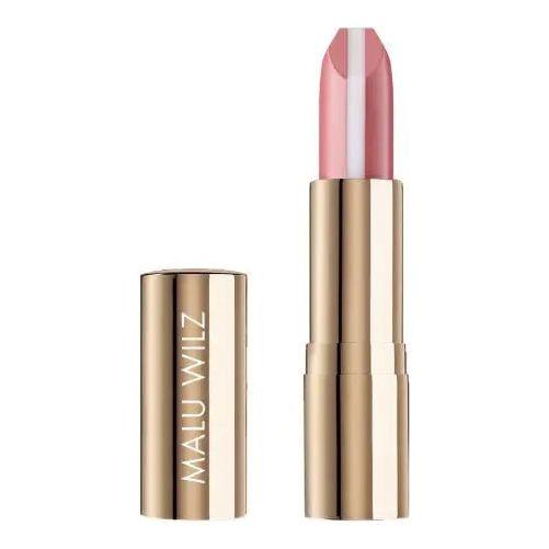 Malu Wilz Triple Care Lipstick in a gold tube, showcasing a luxurious pink color with a smooth finish.