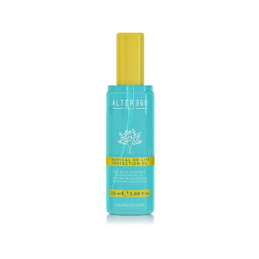 Tropical De-lite Oil in a turquoise bottle with a yellow cap, providing sun protection and shine for silky, frizz-free hair.