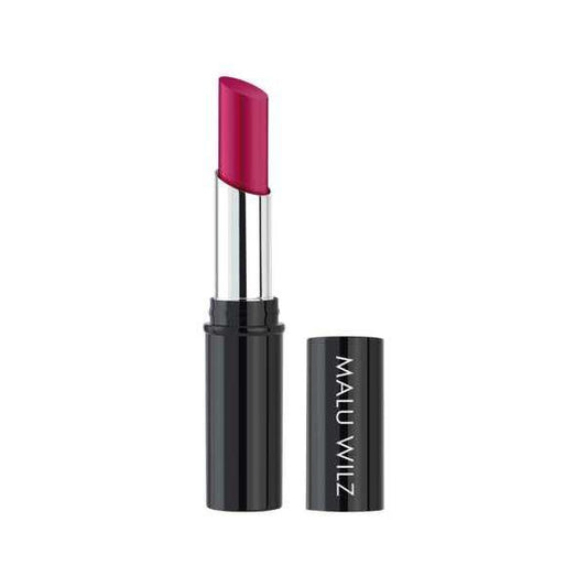Malu Wilz True Matt Lipstick in vibrant pink with a sleek black casing, showcasing a luxurious matte finish.