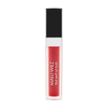Malu Wilz True Matt Liquid Lipstick in sleek packaging showcasing bold red color for intense matte finish.
