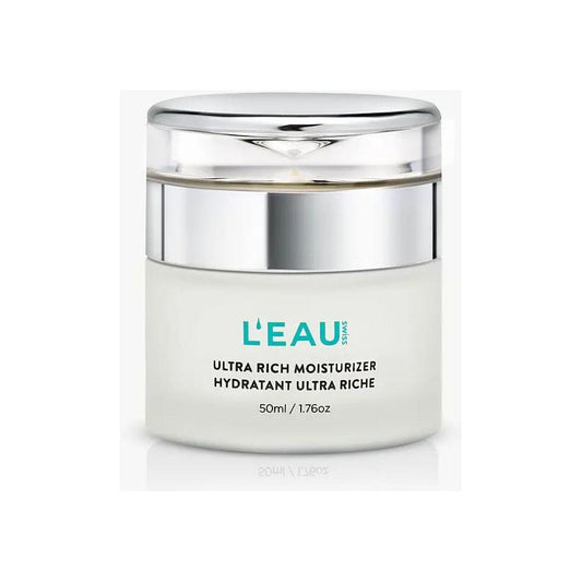 Ultra-rich moisturizer jar from L'Eau, featuring powerful hydrating formula for skin suppleness and flexibility.