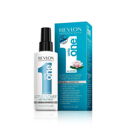 Revlon Professional Uniq One Lotus Flower Hair Treatment for 10 real hair benefits in a 150ml bottle and box packaging.