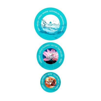 Fragrance scent notes chart with top, heart, and base layers including herbal citrus, floral, and wood scents.