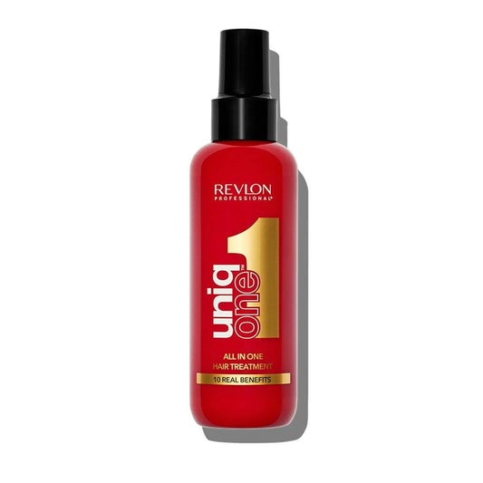 Revlon Uniq One All in One Hair Treatment bottle for 10 real benefits in vibrant red packaging