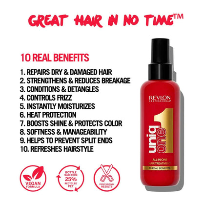 Revlon Uniq One hair treatment bottle showcasing 10 benefits including repair, strength, and frizz control for great hair in no time.