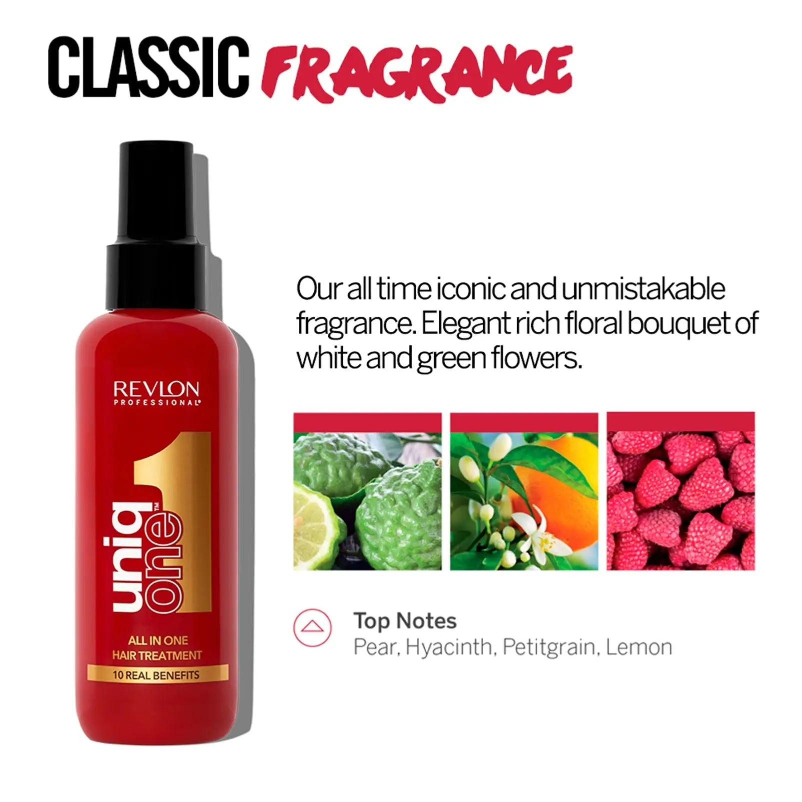 Revlon Uniq One All In One Hair Treatment, classic fragrance with top notes of pear, hyacinth, petitgrain, and lemon.