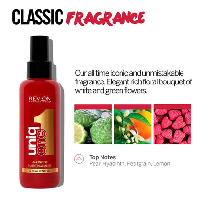 Revlon Uniq One All In One Hair Treatment, classic fragrance with top notes of pear, hyacinth, petitgrain, and lemon.