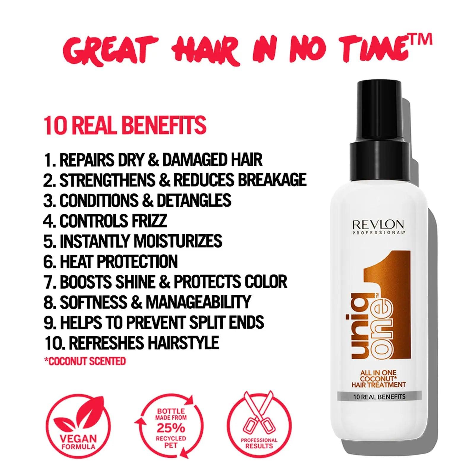 Revlon Uniq One All-in-One Hair Treatment, 10 real benefits including repairing dry hair, controlling frizz, and heat protection, coconut scented.