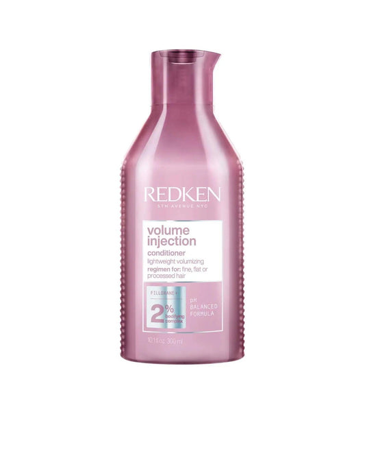 Redken Volume Injection Conditioner bottle designed to add volume and thickness to fine and flat hair.