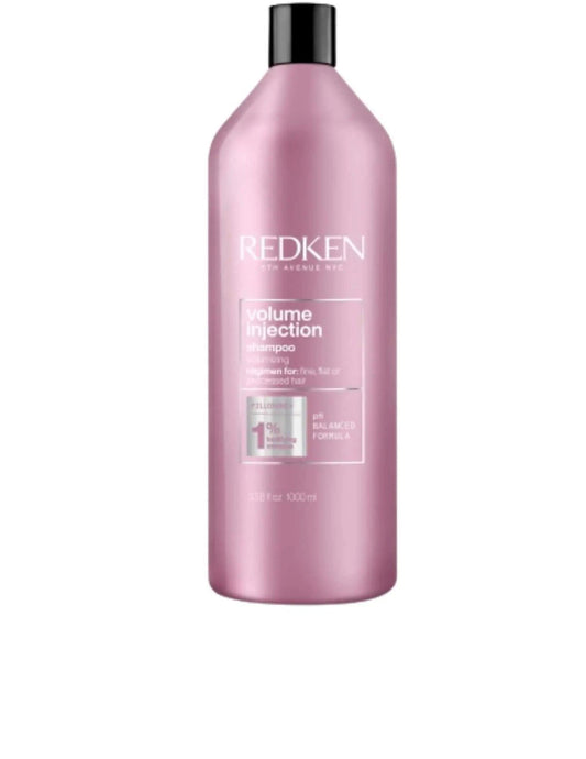 Redken Volume Injection Shampoo 1L bottle for fine hair, adding lift and body to flat hair. Ideal for all hair types.