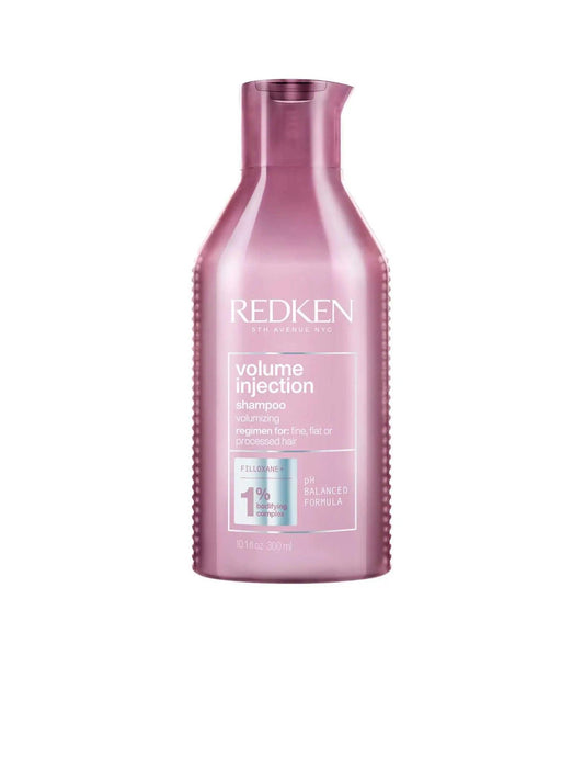 Redken Volume Injection Shampoo bottle for adding lift and body to fine and flat hair. Suitable for all hair types.