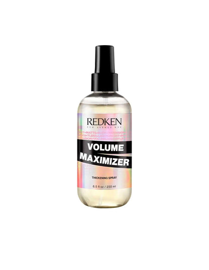 Redken Volume Maximizer thickening spray bottle designed for enhancing hair volume and fullness.