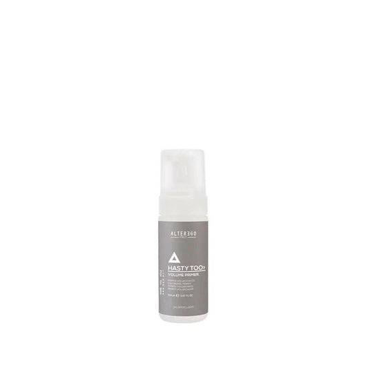 Volume Primer Mousse by ALTEREGO for thick, healthy-looking hair with weightless volume from root to tip.