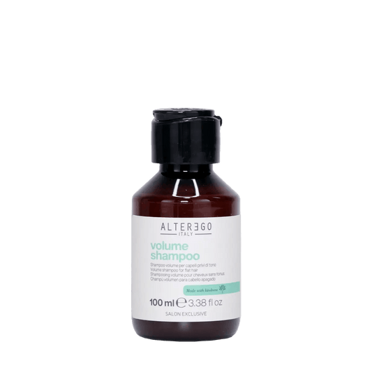 Bottle of Alter Ego Volume Shampoo, 100 ml, designed for fine hair to enhance body and shine without sulfates or parabens.
