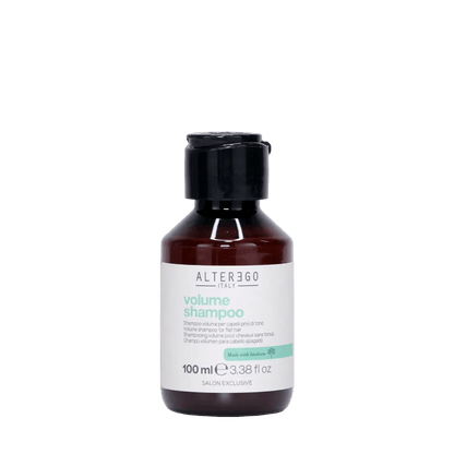 Bottle of Alter Ego Volume Shampoo, 100 ml, designed for fine hair to enhance body and shine without sulfates or parabens.