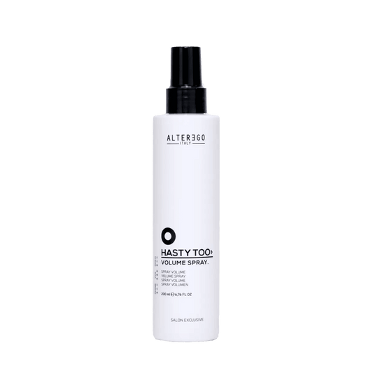 Hasty Too Volume Spray by Alterego, designed for soft volume and big body with low hold power. 200ml salon exclusive.