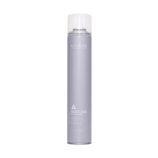 Voluxious Hairspray canister by Alter3go, designed for big body, elasticity, and quick-drying hold for styled hair.