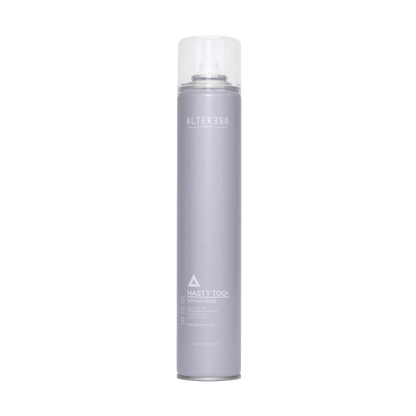 Voluxious Hairspray canister by Alter3go, designed for big body, elasticity, and quick-drying hold for styled hair.