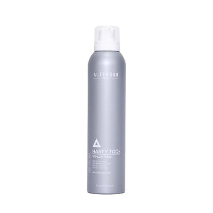 Voluxious Mousse by Alter Ego in a sleek silver canister for medium hold and restoring body to hair.