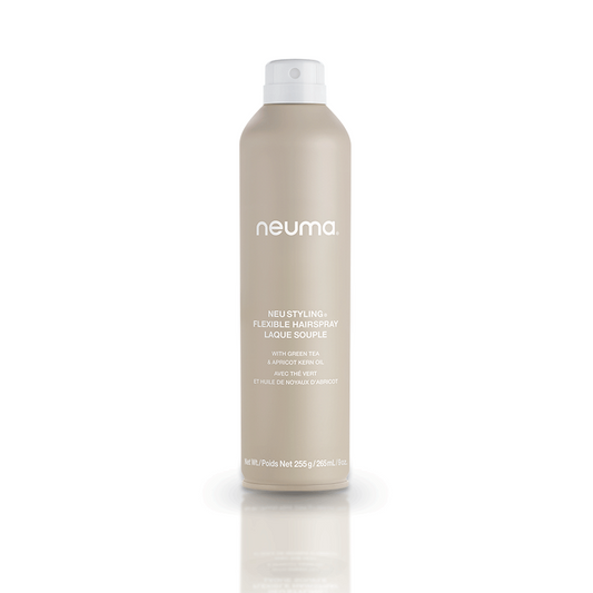 Neuma Neu Styling Flexible Hairspray bottle with medium hold, humidity control, and a lavender, mandarin, vanilla aroma.