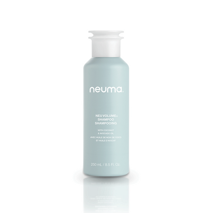 Neu Volume Shampoo bottle, sulfate-free formula for cleansing, strengthening, and adding shine to hair.