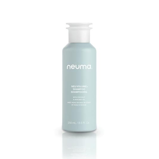 Neu Volume Shampoo bottle, sulfate-free formula for cleansing, strengthening, and adding shine to hair.