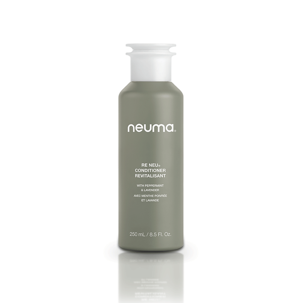 Neuma Re Neu Conditioner bottle with peppermint and vanilla aroma for soft, shiny, and healthy hair. 250 mL size.