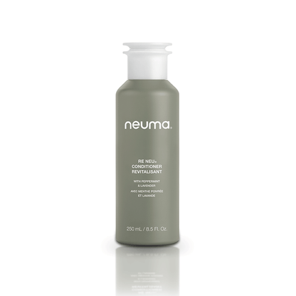 Neuma Re Neu Conditioner bottle with peppermint and vanilla aroma for soft, shiny, and healthy hair. 250 mL size.