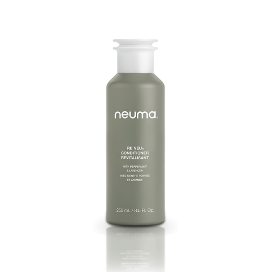 Neuma Re Neu Conditioner bottle with peppermint and vanilla aroma for soft, shiny, and healthy hair. 250 mL size.